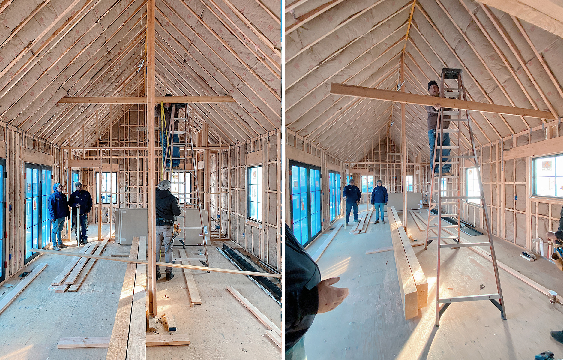 workman showing beams at different heights