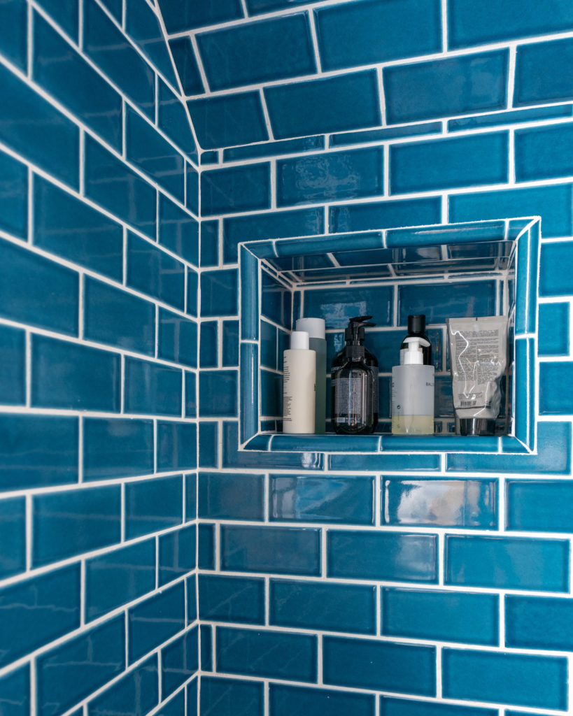 fireclay tile blue shower niche