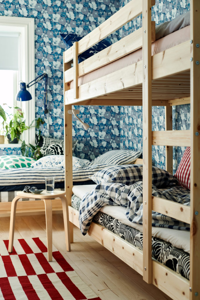 bunk beds with floral wallpaper