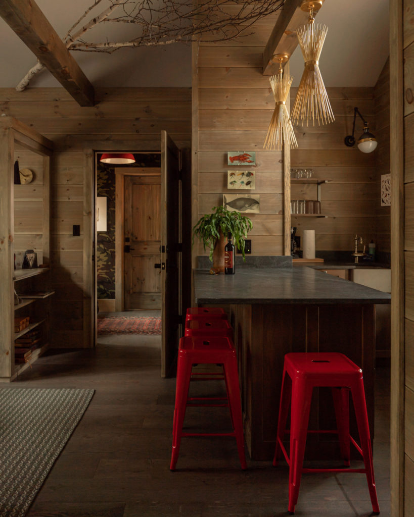 The kitchenette inside the Todd Snyder cabin