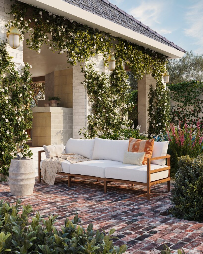california garden back reclaimed brick patio white washed