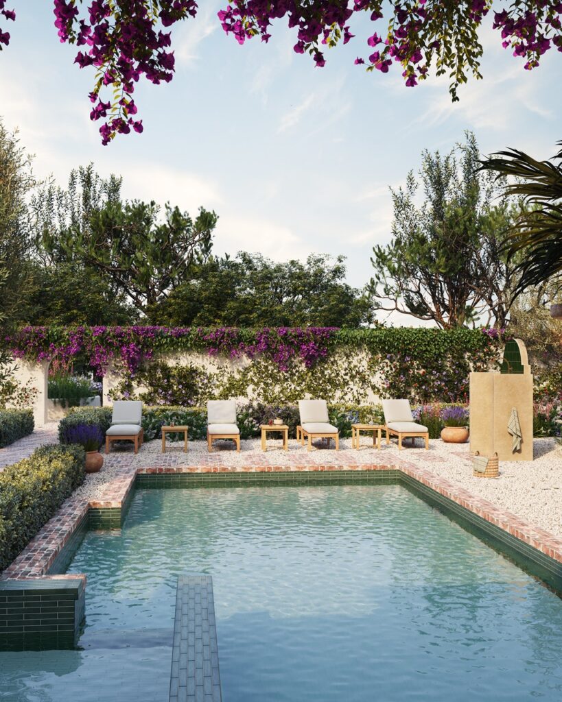 california garden back yard pool with pea gravel